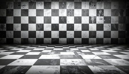 Black and white grunge room with checkered floor. 3d renderingの素材