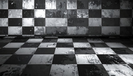 Black and white grunge room with chessboard. 3d renderingの素材