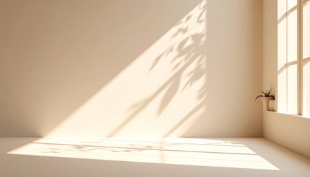 Empty room with sunlight and shadows on the wall. 3d renderingの素材