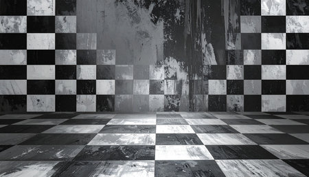 Empty room with black and white chessboard. 3D rendering.の素材