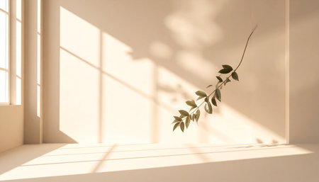 3D render of an empty room with a plant on the wallの素材