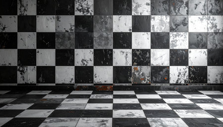 old grunge room with black and white tiled floor, abstract backgroundの素材