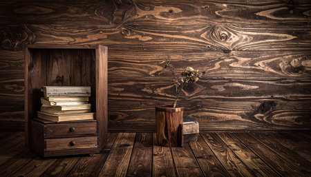 Old books in wooden box on wooden background. 3d illustration.の素材