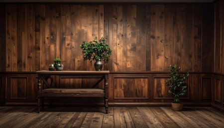 3D rendering of an old wooden cabinet in a room with plant.の素材