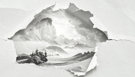Torn paper with mountain and forest in the background. Black and whiteの素材
