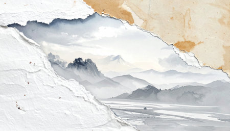 Hole in the paper with mountains and sky. Watercolor paintingの素材