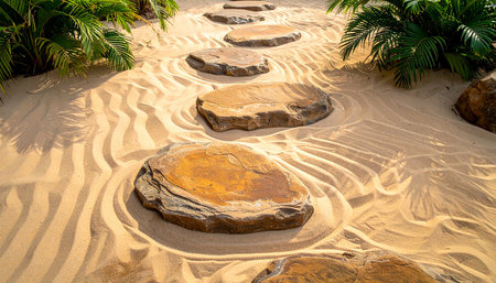 Stone walkway in the sand with palm trees in the background.の素材