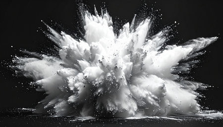 3d illustration of explosion of white powder over black background. Abstract backgroundの素材