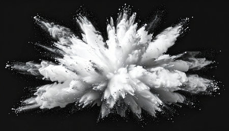 Explosion of white powder on black background. 3D rendering.の素材