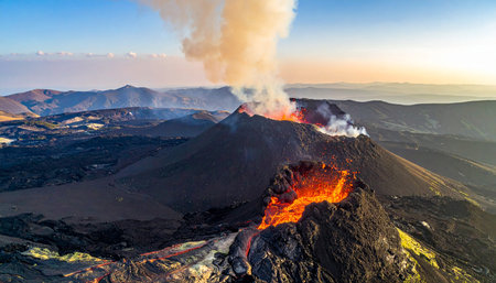 Volcano Etna in Sicily, Italy at sunrise. Volcanic eruptionの素材