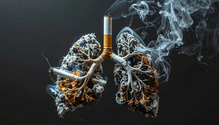 Human lungs and smoking cigarette on a dark background. Conceptual imageの素材