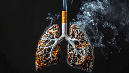 Human lungs and smoking cigarette on black background. 3D illustration.の素材