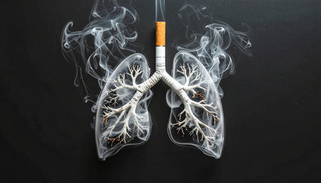 Human lungs with smoking cigarette and ashtray on black background.の素材