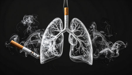Conceptual image of human lung with cigarette and smoke on black backgroundの素材