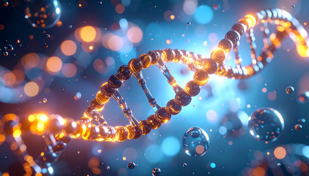 3d render of DNA molecule on blue background with bokehの素材