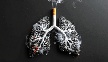 Human lungs with smoking cigarette on black background. Health care concept.の素材