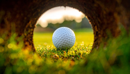 Golf ball on green grass ready to play in golf course.の素材