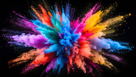 Explosion of colored powder, isolated on black background. Colorful abstract backgroundの素材
