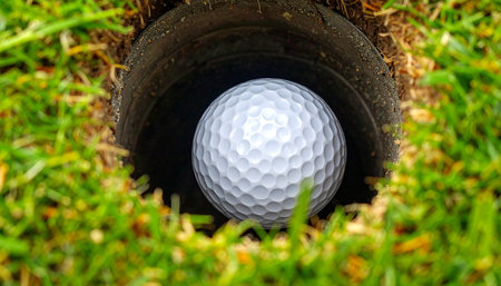 Golf ball on green grass ready to be shot into hole.の素材