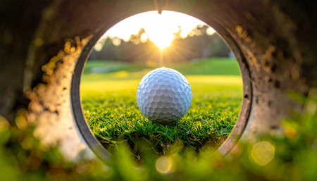 Golf ball on green grass with sun flare in golf course.の素材