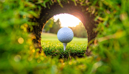 Golf ball on green grass with sun flare and bokeh backgroundの素材