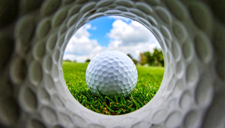 Golf ball on green grass with blue sky and white clouds backgroundの素材