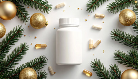 Christmas and New Year composition with white bottle of pills, fir branches and golden balls on white backgroundの素材