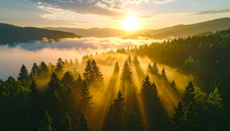 Aerial view of foggy sunrise in the mountains. Beautiful summer landscape.の素材