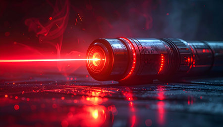 3d illustration of a flashlight with red light in the dark.の素材