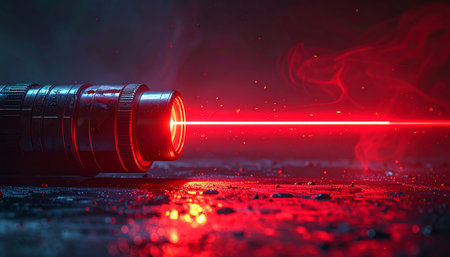 A closeup shot of a red laser on a black background with smokeの素材