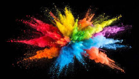 Explosion of colored powder isolated on black background. Abstract colored backgroundの素材