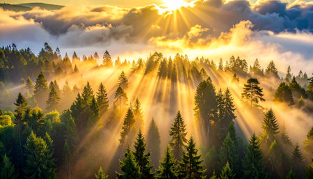 Foggy sunrise in the Carpathian mountains, Ukraine.の素材