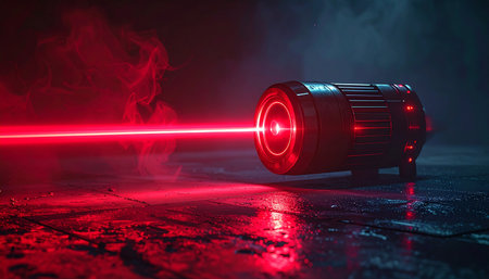3d rendering of projector with red laser light in dark room with smokeの素材