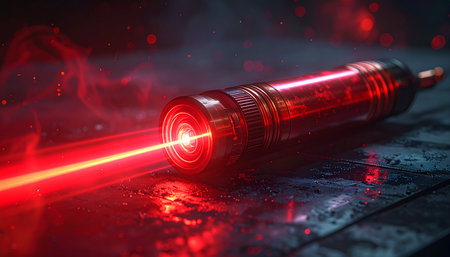 Red laser gun on a dark background. 3d render illustration.の素材