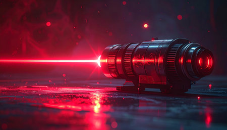 Camera lens with red light beam on dark background. 3D renderingの素材