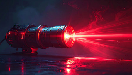 Close-up of a professional camera lens with red light rays on a dark backgroundの素材