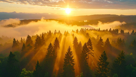 Sunrise over the foggy forest in the Carpathian mountainsの素材