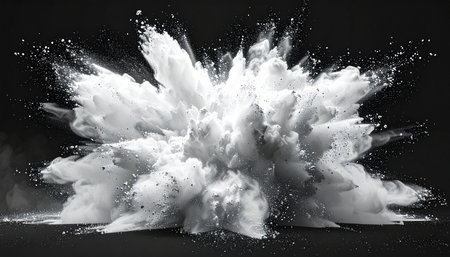 Explosion of white powder on a black background. 3D renderingの素材