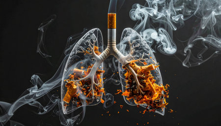 Human lungs with smoke and cigarette on black background. 3d illustrationの素材