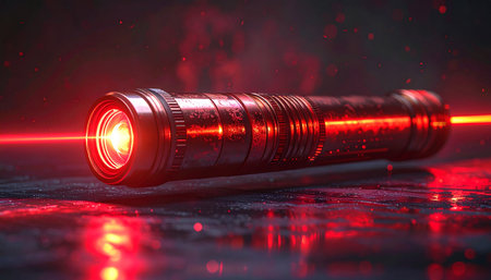 3D rendering of a flashlight on a dark background with red light.の素材