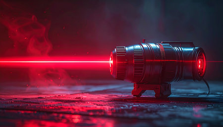 Vintage movie camera with red light on dark background. Retro cinema concept.の素材