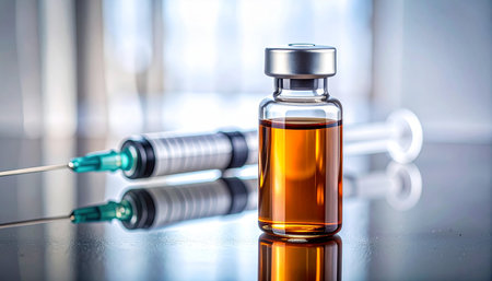 Vaccine bottle and syringes on a black reflective surfaceの素材