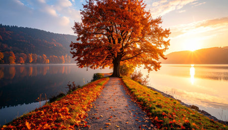 Beautiful autumn landscape with lake and tree at sunset. Composition of nature.の素材
