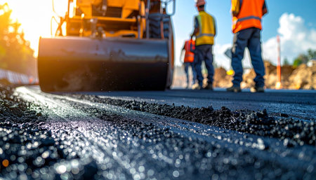 Asphalt road roller and workers at work on a new road construction siteの素材