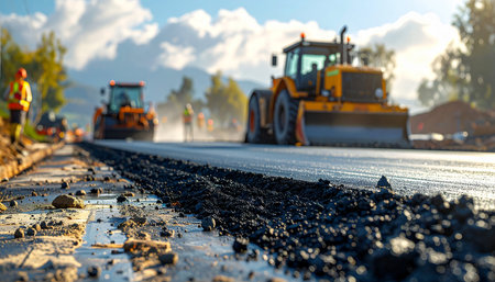 Asphalt road rollers working on new road construction site. Asphalt paver machine.の素材