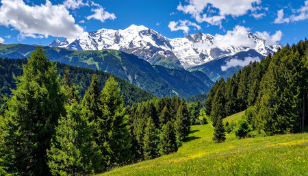 Beautiful summer alpine landscape with green meadow and snow-capped mountainsの素材