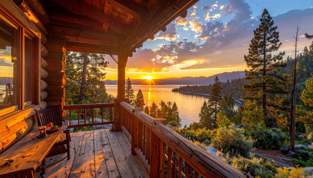 Sunset over Lake Tahoe from the deck of a wooden houseの素材