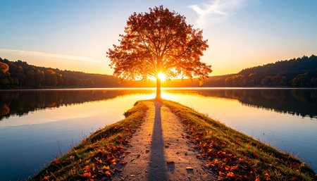 Autumn landscape with lonely tree on a lake shore at sunset.の素材