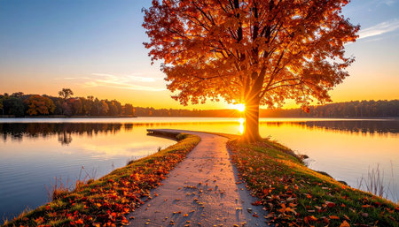 Beautiful autumn landscape with a lake in the park at sunset.の素材
