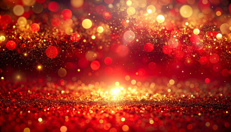 Red glitter vintage lights background. Red and gold. de-focusedの素材